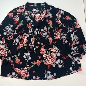 LANE BRYANT Black Floral Blouse W/ Neck Bow Tie Size 14/16P